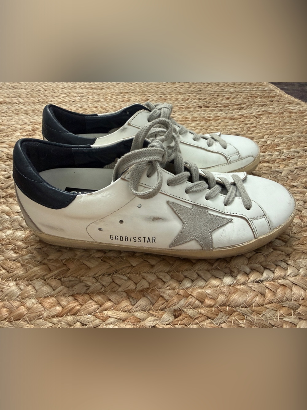 Golden Goose White Leather Sneakers with Navy Heel and Grey Suede Accents
